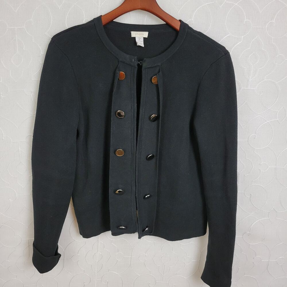 Chicos Womens Jacket Size 2 Black Large Silver Button Down‎ Double Breasted